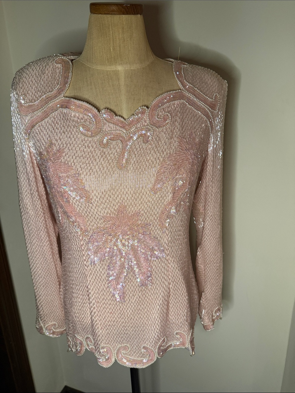 Embellished Pink Sequin Long-Sleeve Top Vintage Marshall Fields